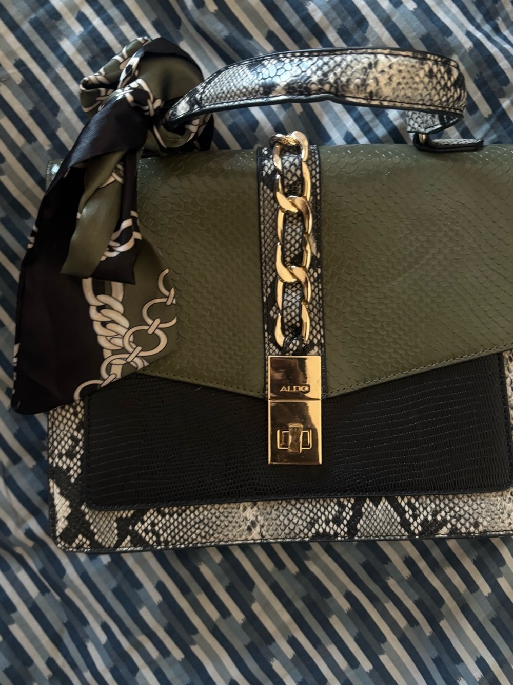ALDO Olive Green and Black Satchel with Snake-Print Accents